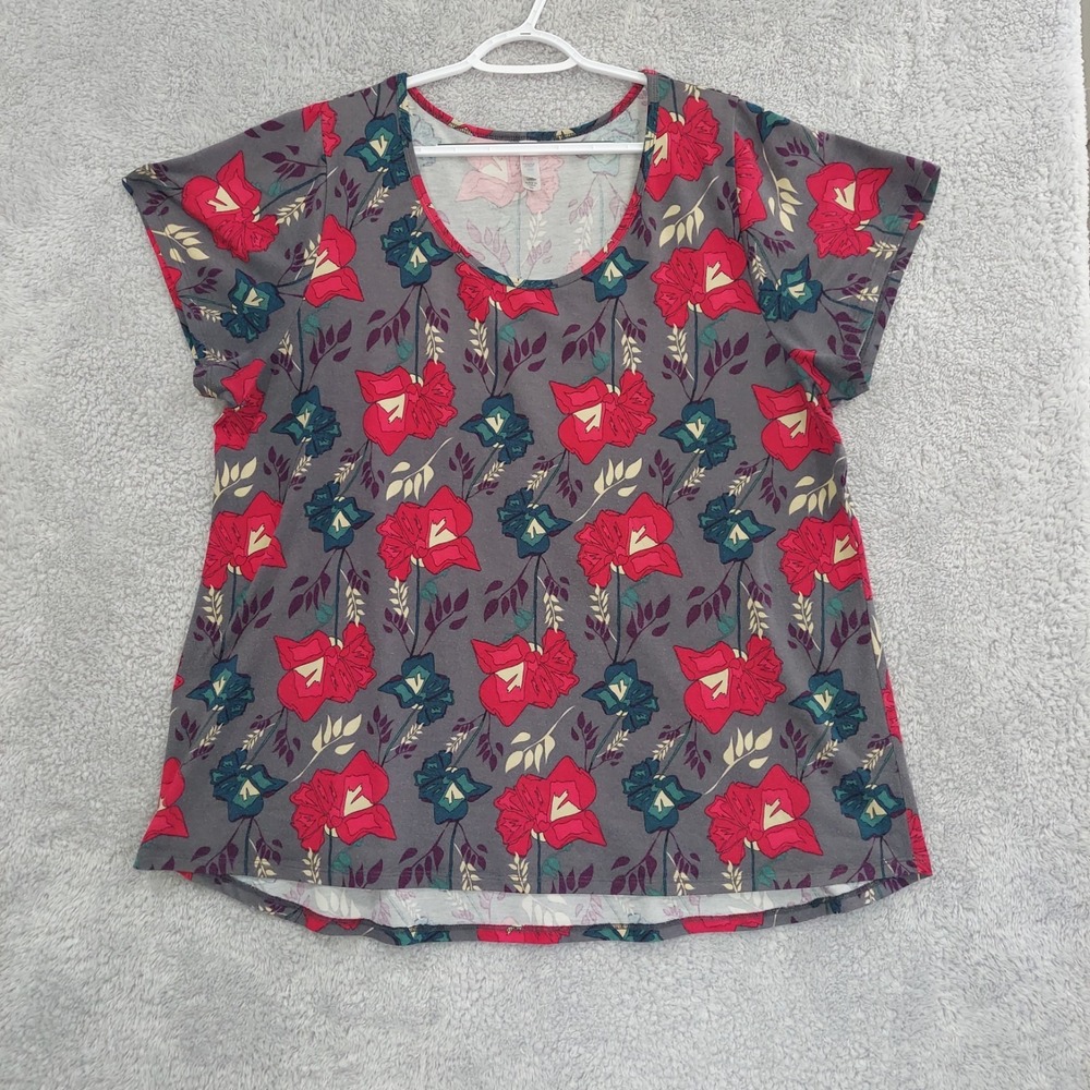 LulaRoe Perfect Tee Size XXXL Multicolor Floral Gray Red Teal 3XL Blouse‎ Top